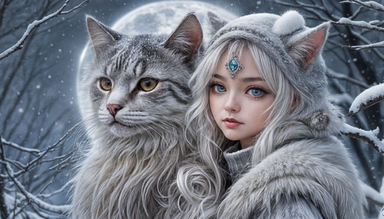 Ethereal Cat Eyes Under a Moonlit Snowscape