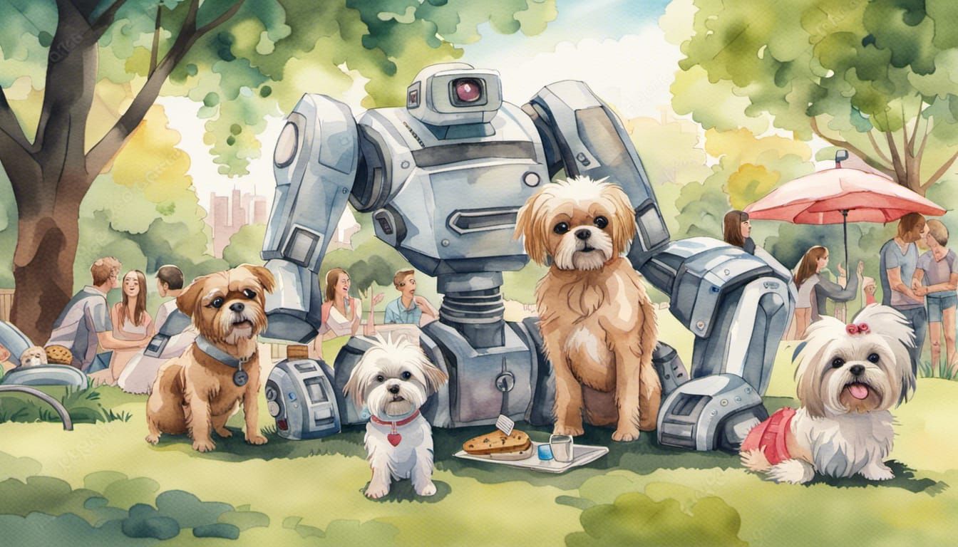 Robot Family Picnic with Dog in Watercolor