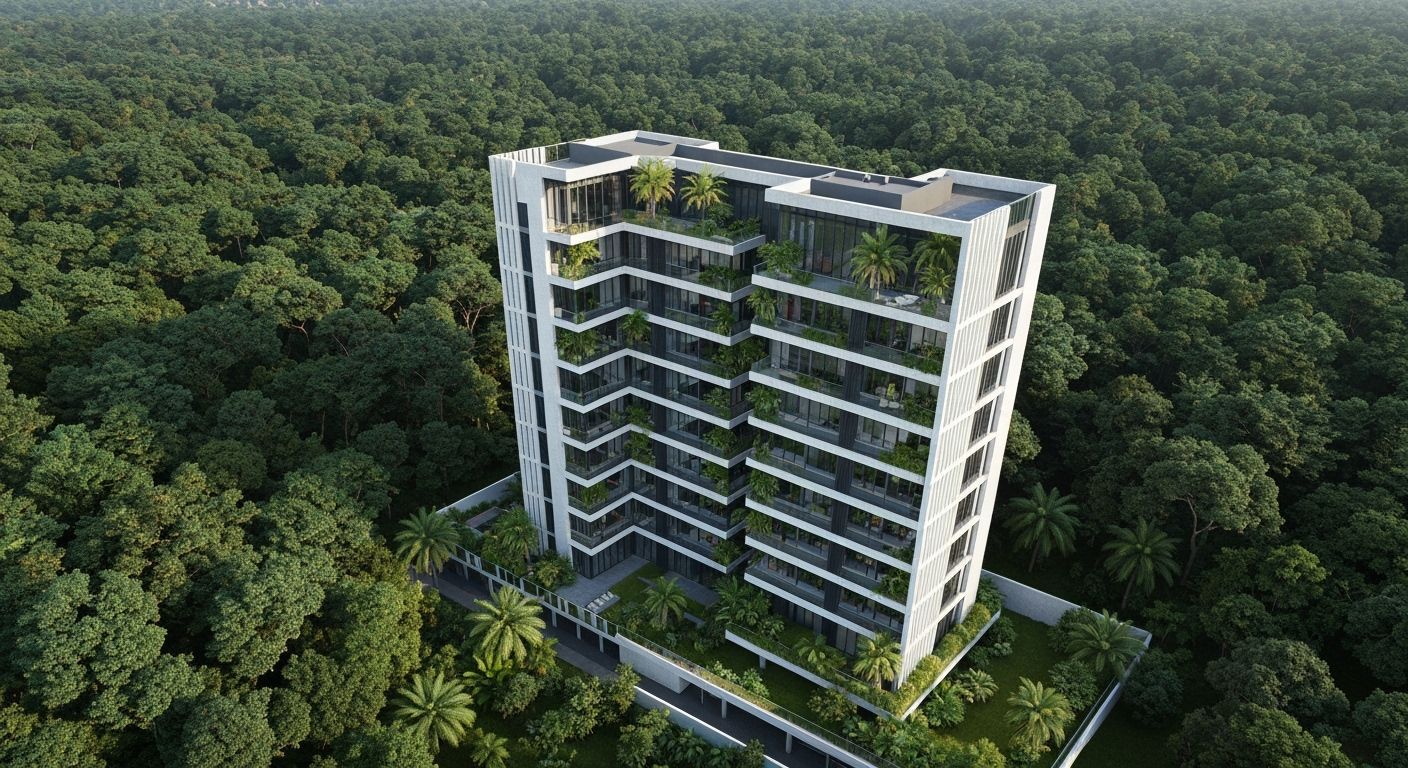 Modern Apartment Building in Jungle, Photorealistic 3D Rende...