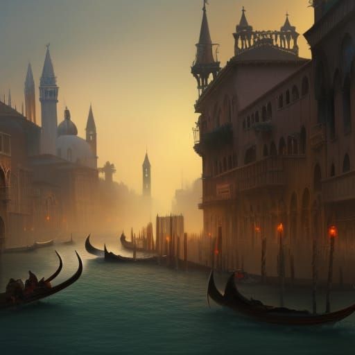 Fantasy Venice Scene with Dragon, Detailed Matte Painting