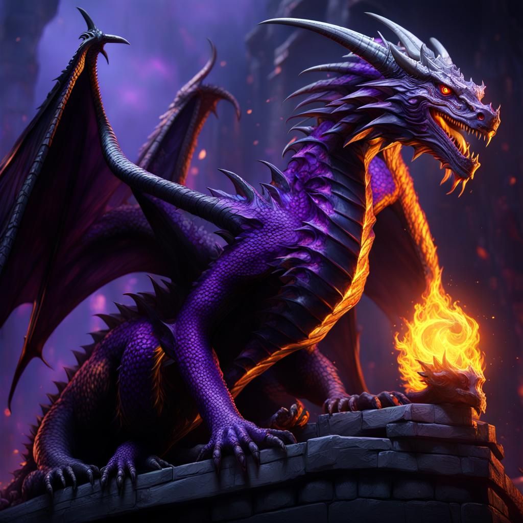 Black Dragon with Blue Eyes and Purple Fire