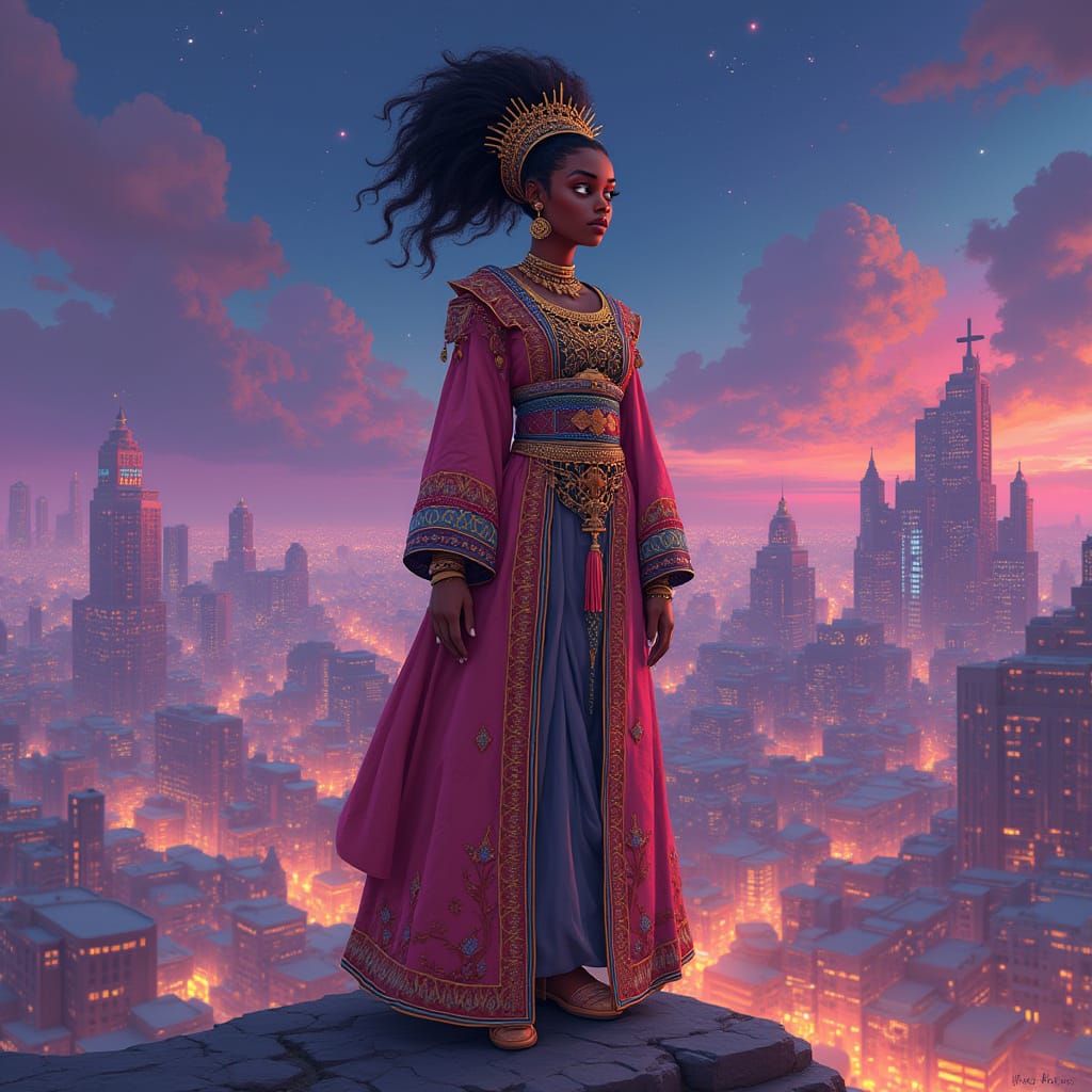 Yoruba Princess Over Neon Cityscape, 3D Cartoon