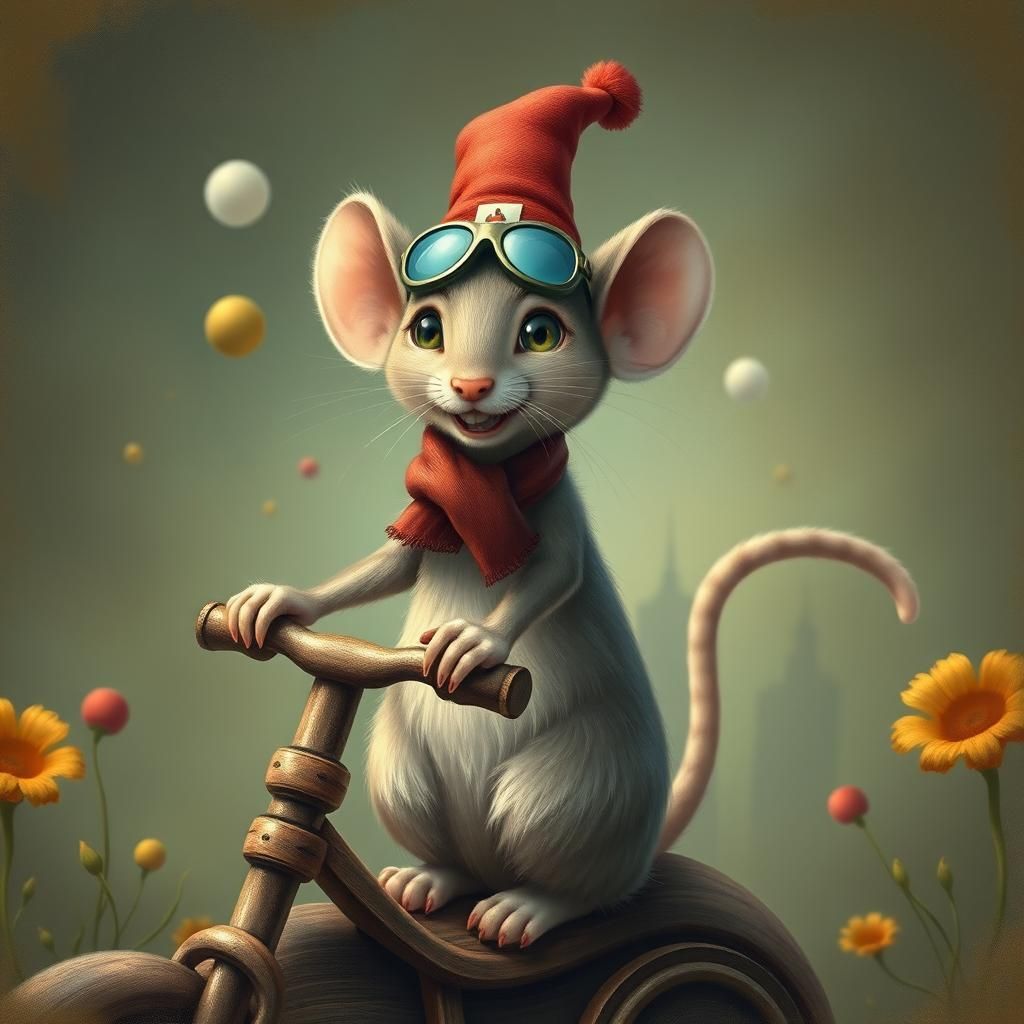 Whimsical Mouse Rides Grinning Cat in Wonderland