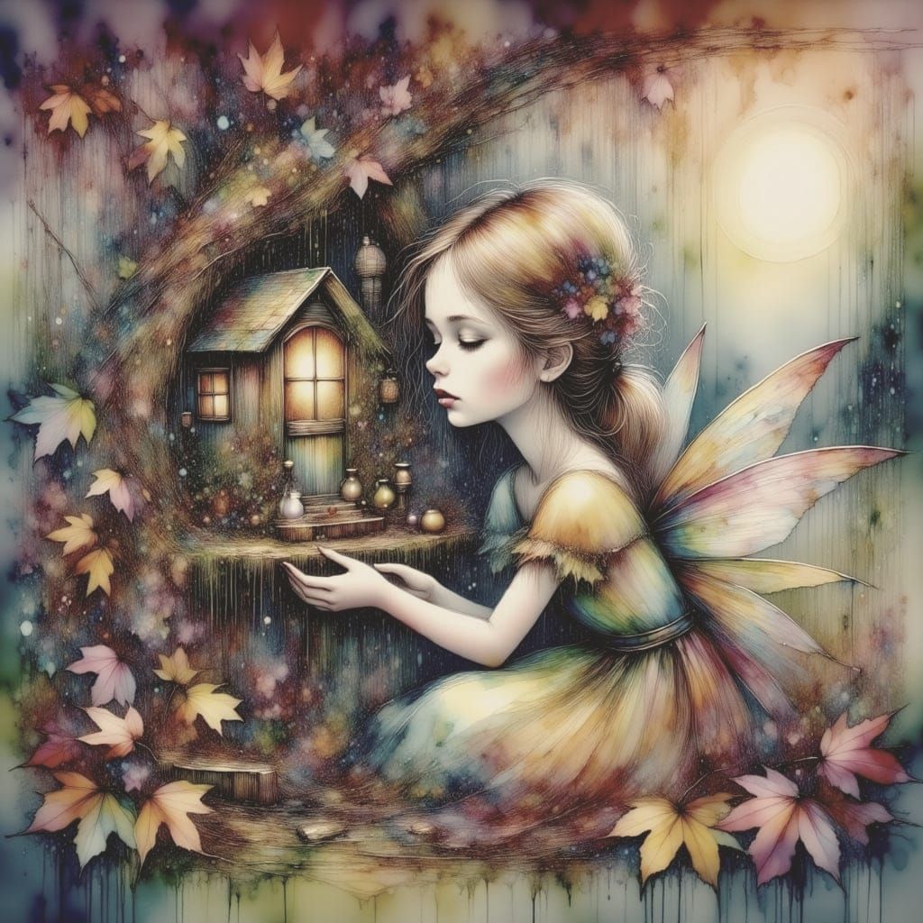Girl Playing with Fairies in Autumn Maple Tree