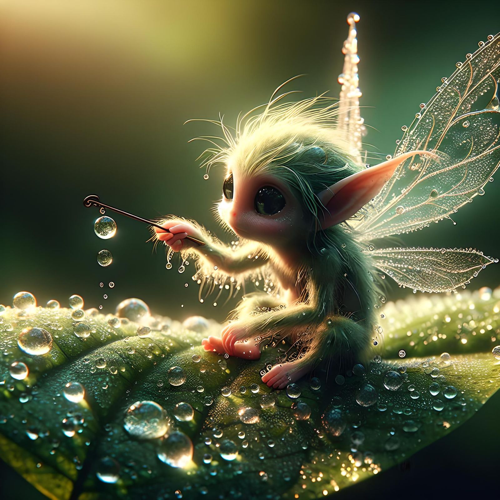 Enchanting Sprite Bathing in Dew, Hyperrealistic Digital Art