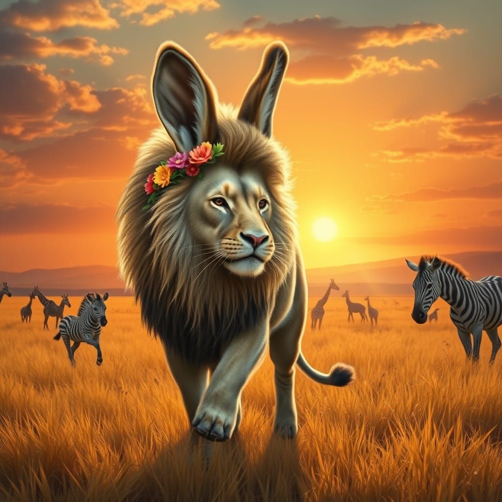 Majestic Lion-Bunny Hybrid Strides Through Vibrant Savanna a...