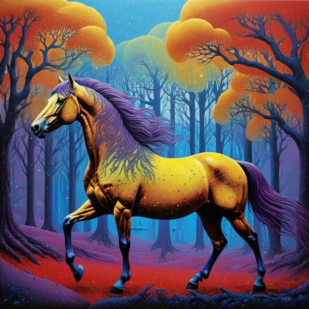 Iridescent Pointillist Horse and Trees in Surreal Acrylic