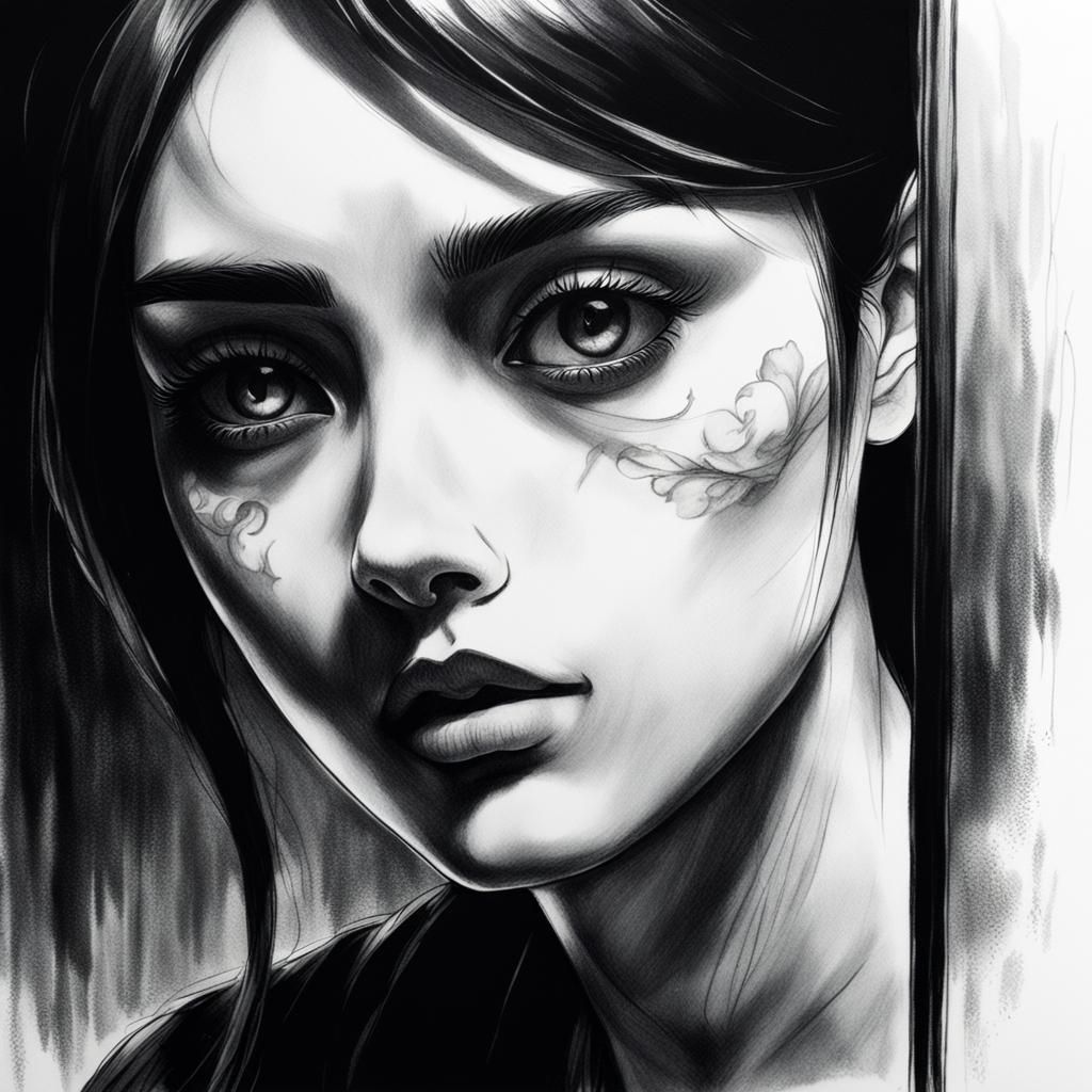 Anime Girl in Mirror: Charcoal Drawing