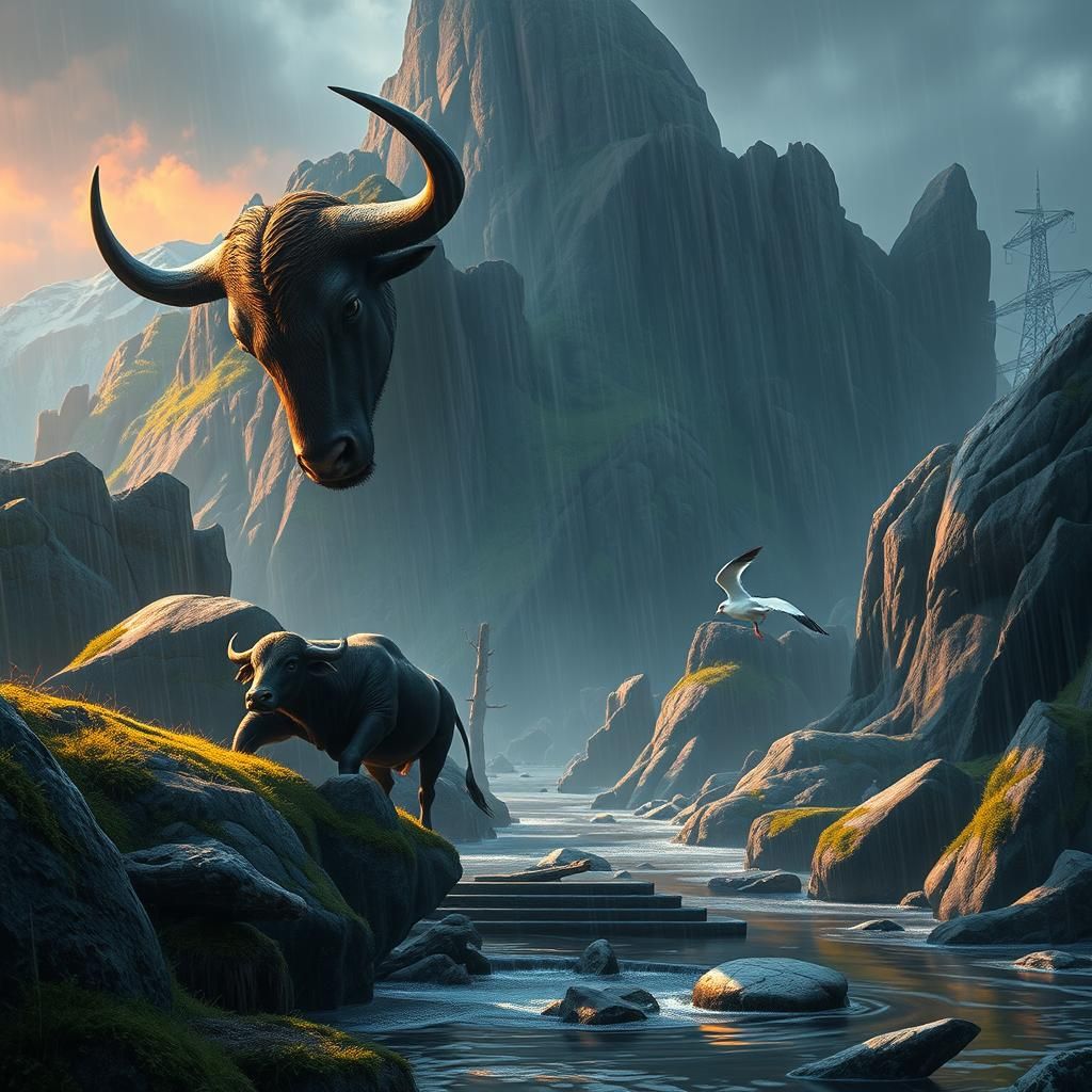 Fantastical Mountain River Scene in Matte Painting Style