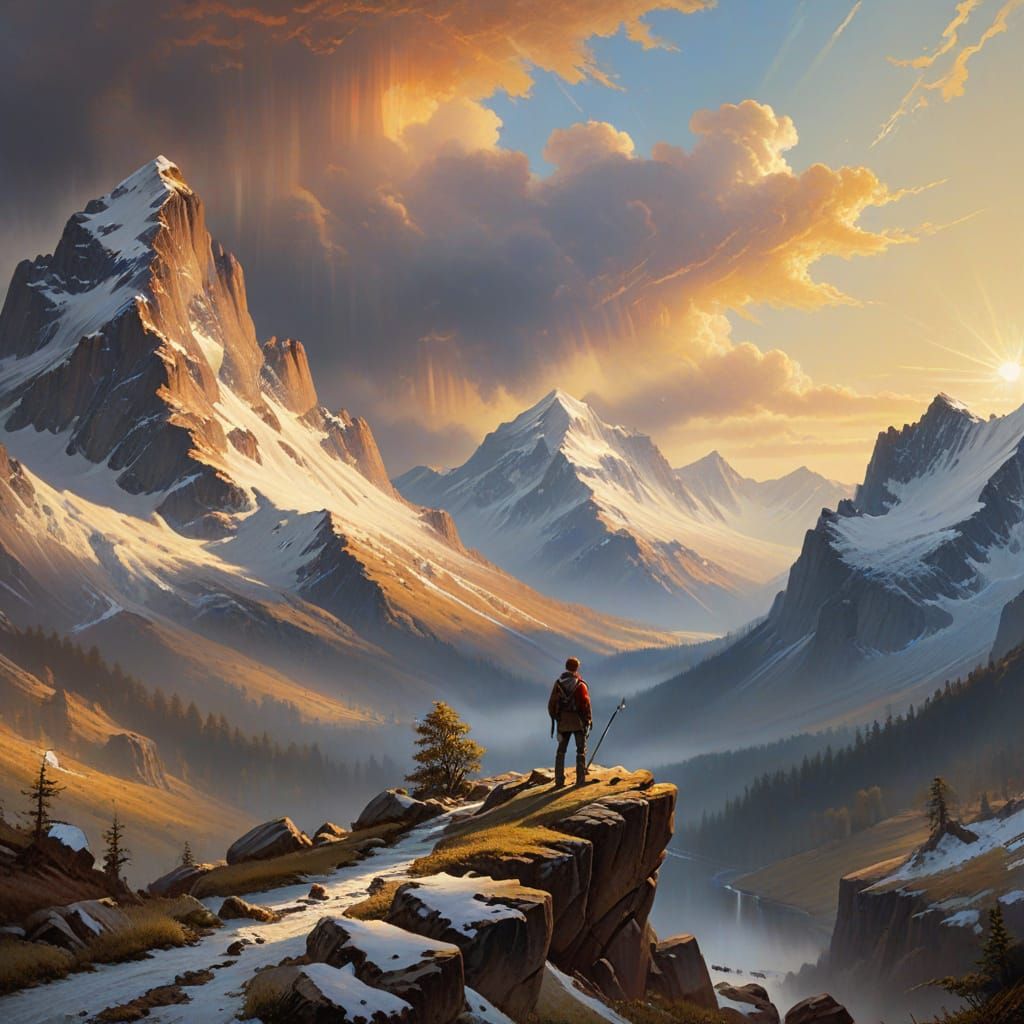 Lone Traveller Gazes at Dramatic Mountain Valley