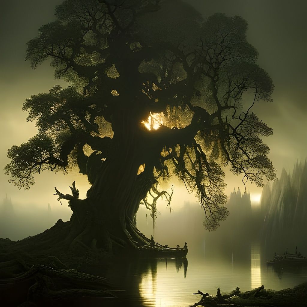 Eerie Dead Tree with Bats in Misty Landscape