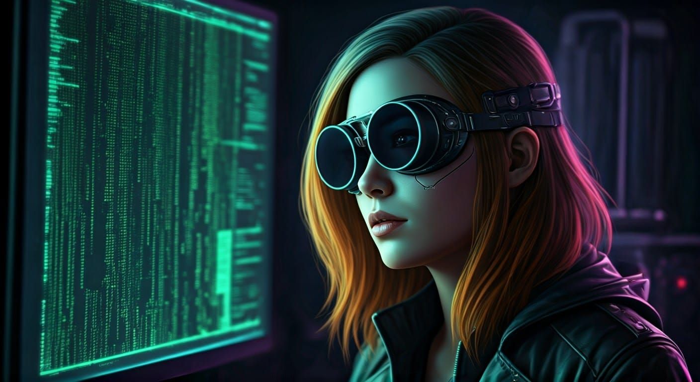 Cyberpunk Hacker in Neon Lit Darkness
