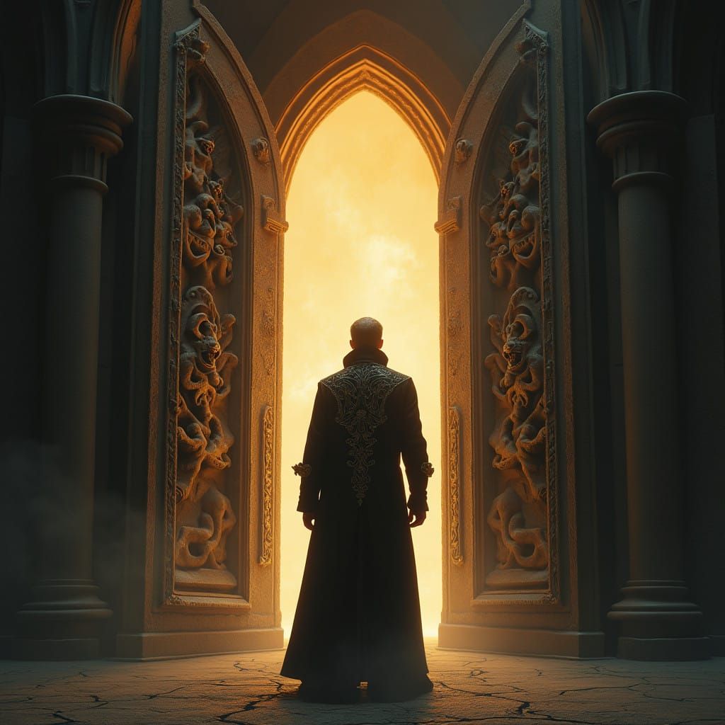 Dark Majesty Stands at Threshold of Ancient Gothic Portal