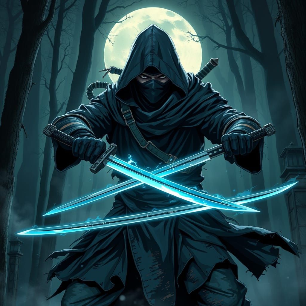 Stealthy Ninja Warrior in Moonlit Japanese Forest