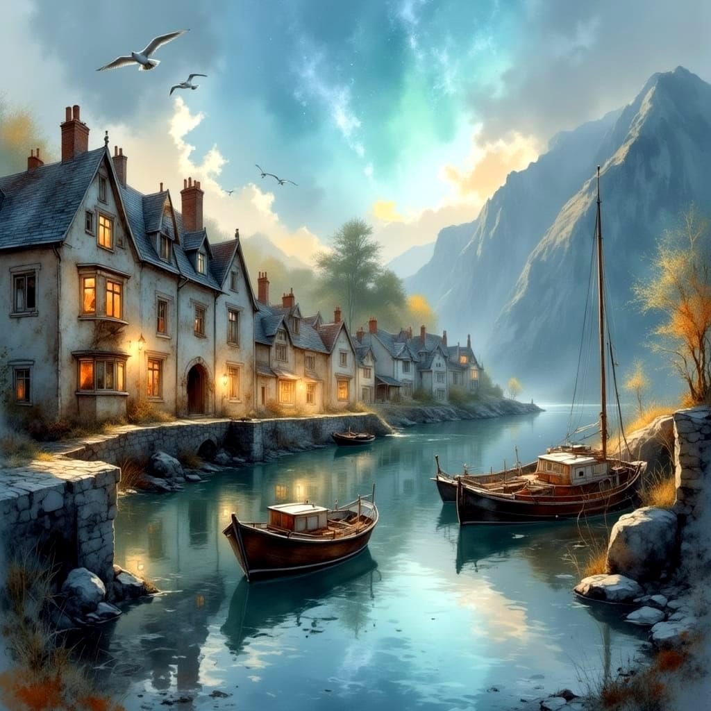 Charming English Seaside Village at Twilight