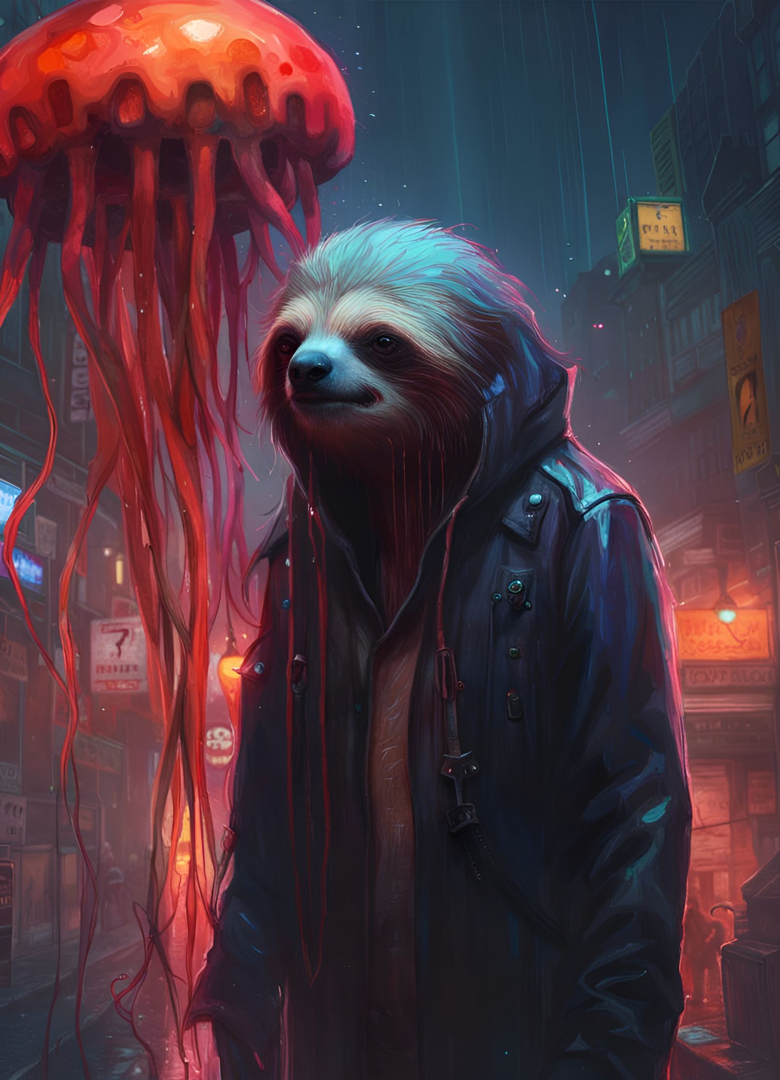 Cyberpunk Vampire Sloth Devolving in Tokyo Rain