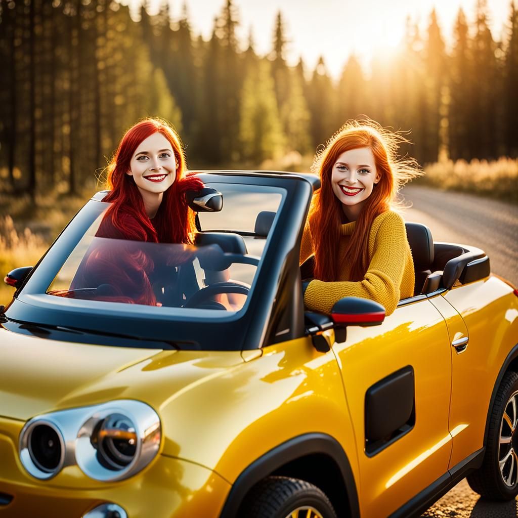Two Women Posing with Electric Convertible Car