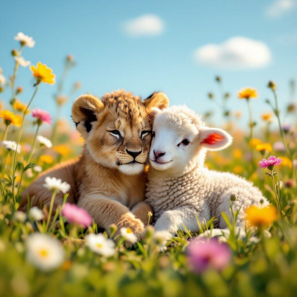 Lion Cub and Lamb Cuddle in Wildflower Field