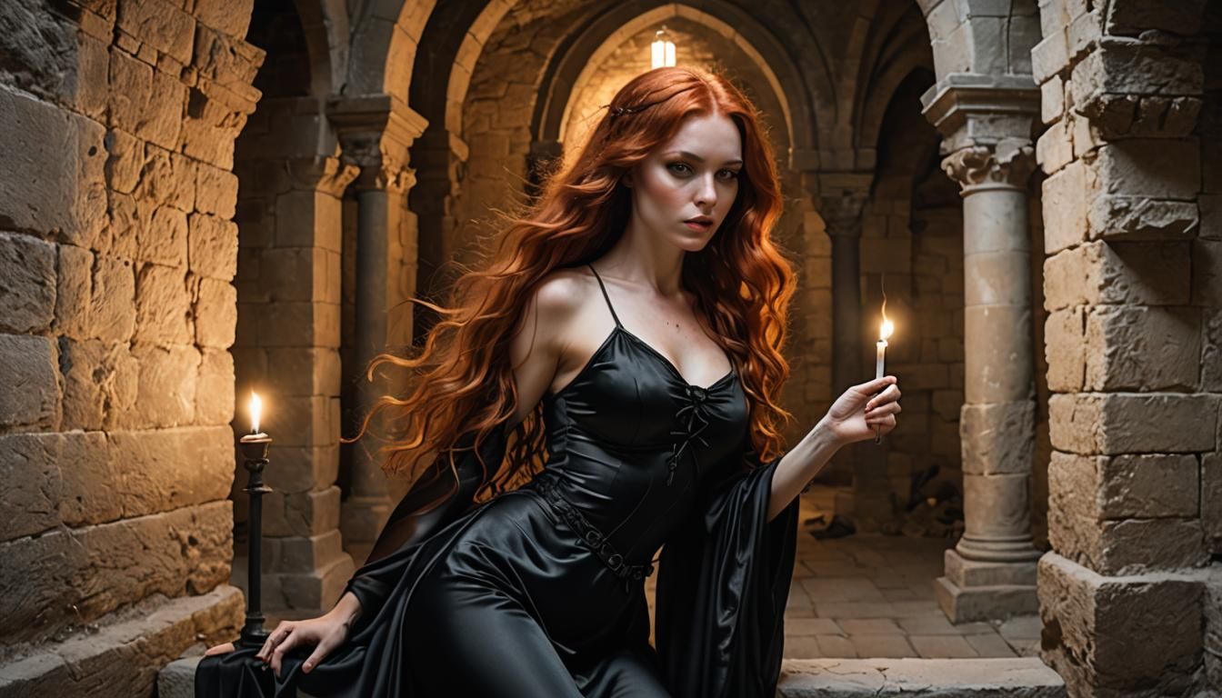 Red-Haired Woman in Castle Crypt