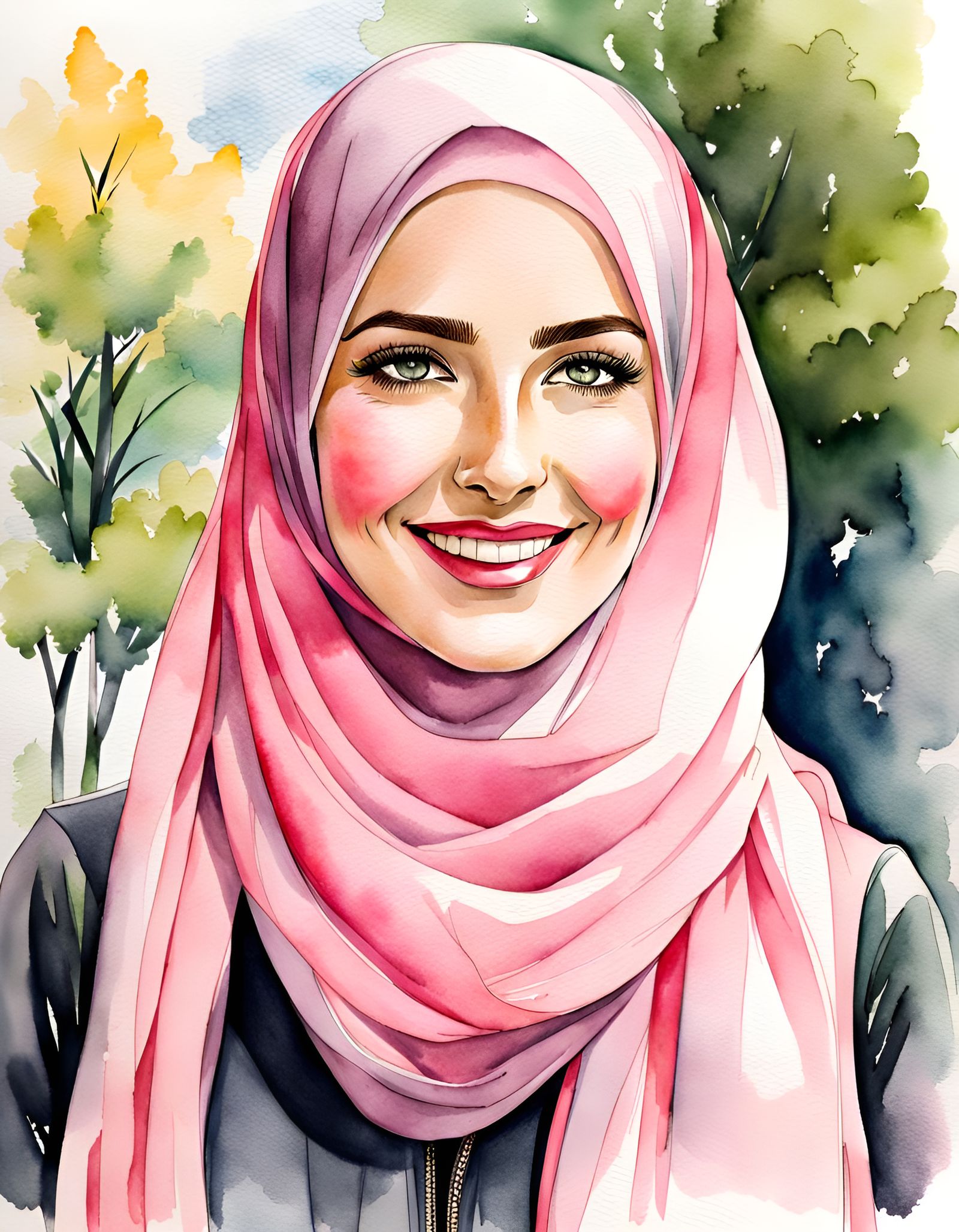 Elegant Woman in Pink Hijab, Watercolor Style