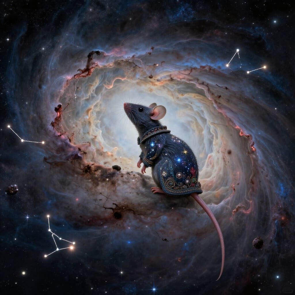 Spectral Mouse in Stardust Coat on Cosmic Nebula Edge