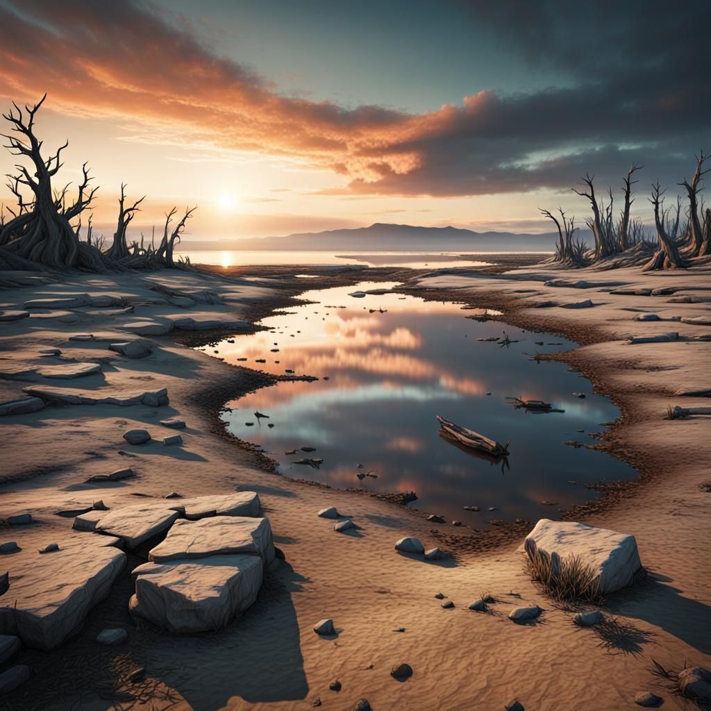 Wasteland Sunset Over Bay Reflection