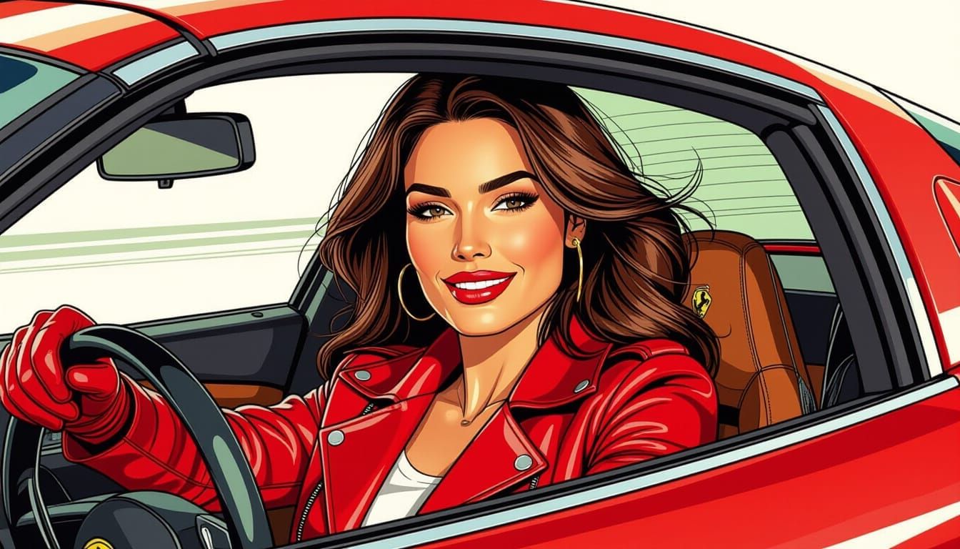 Brunette Driver in Ferrari, Comic Book Style
