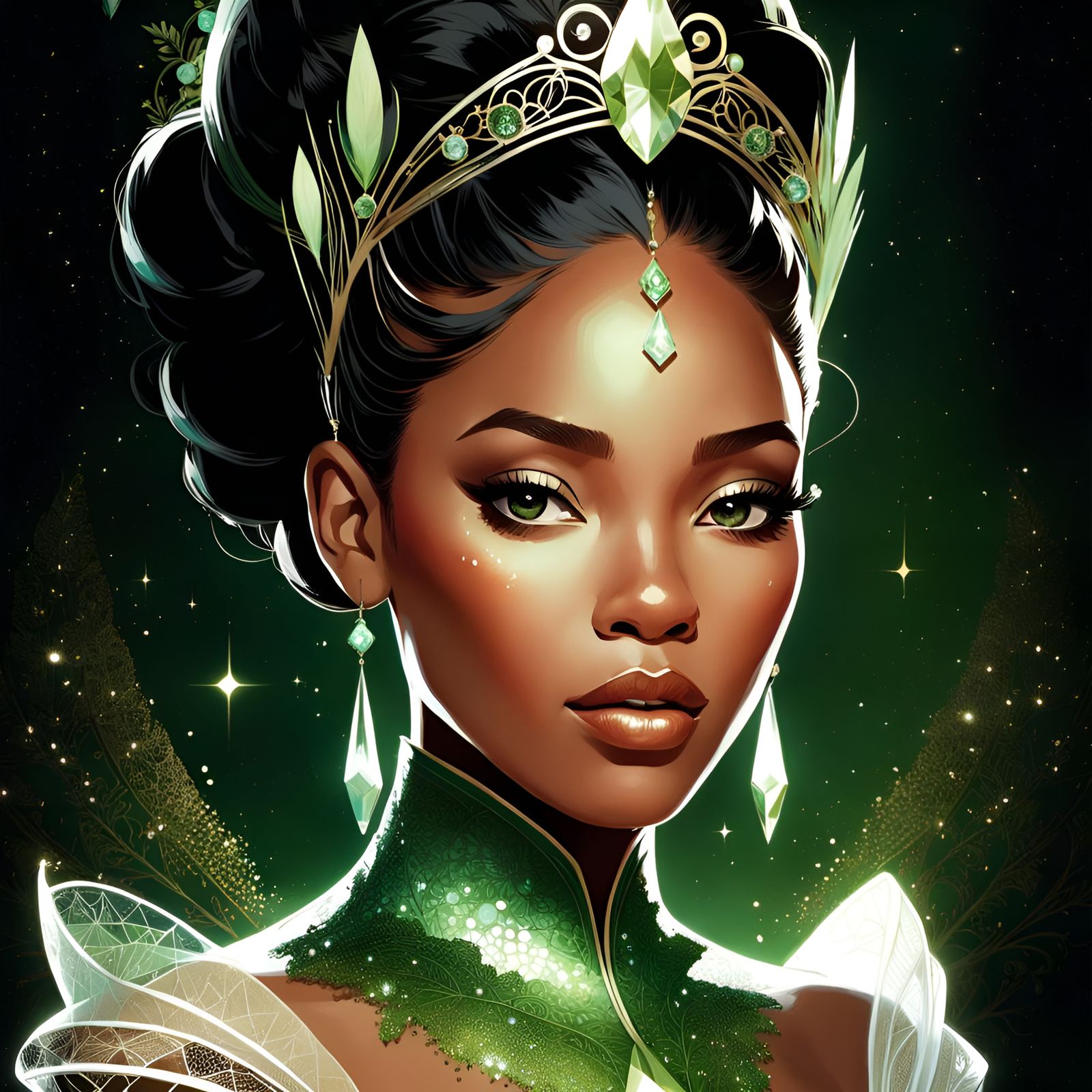 Gorgeous Princess Tiana Portrait with Green Filigree