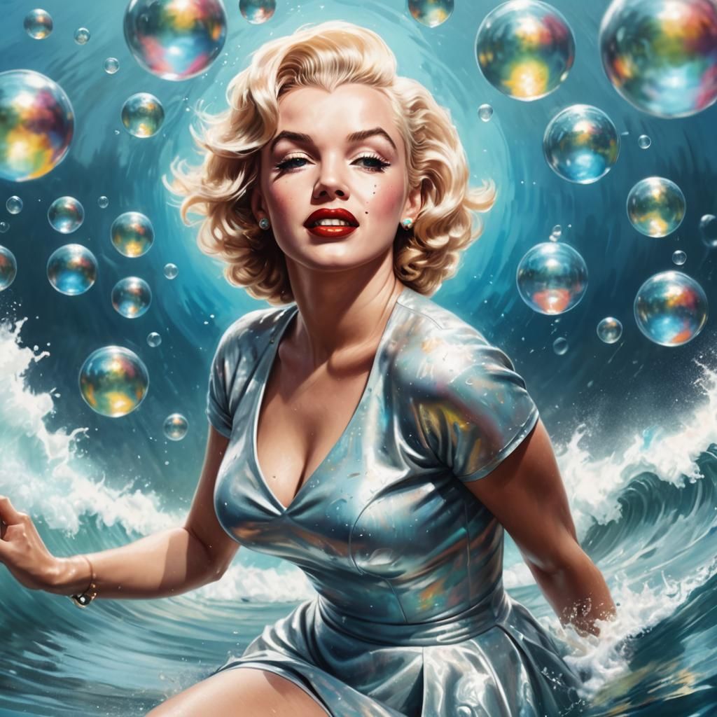 Dramatic Marilyn Monroe Riding a Wave in Hyperrealistic Spla...