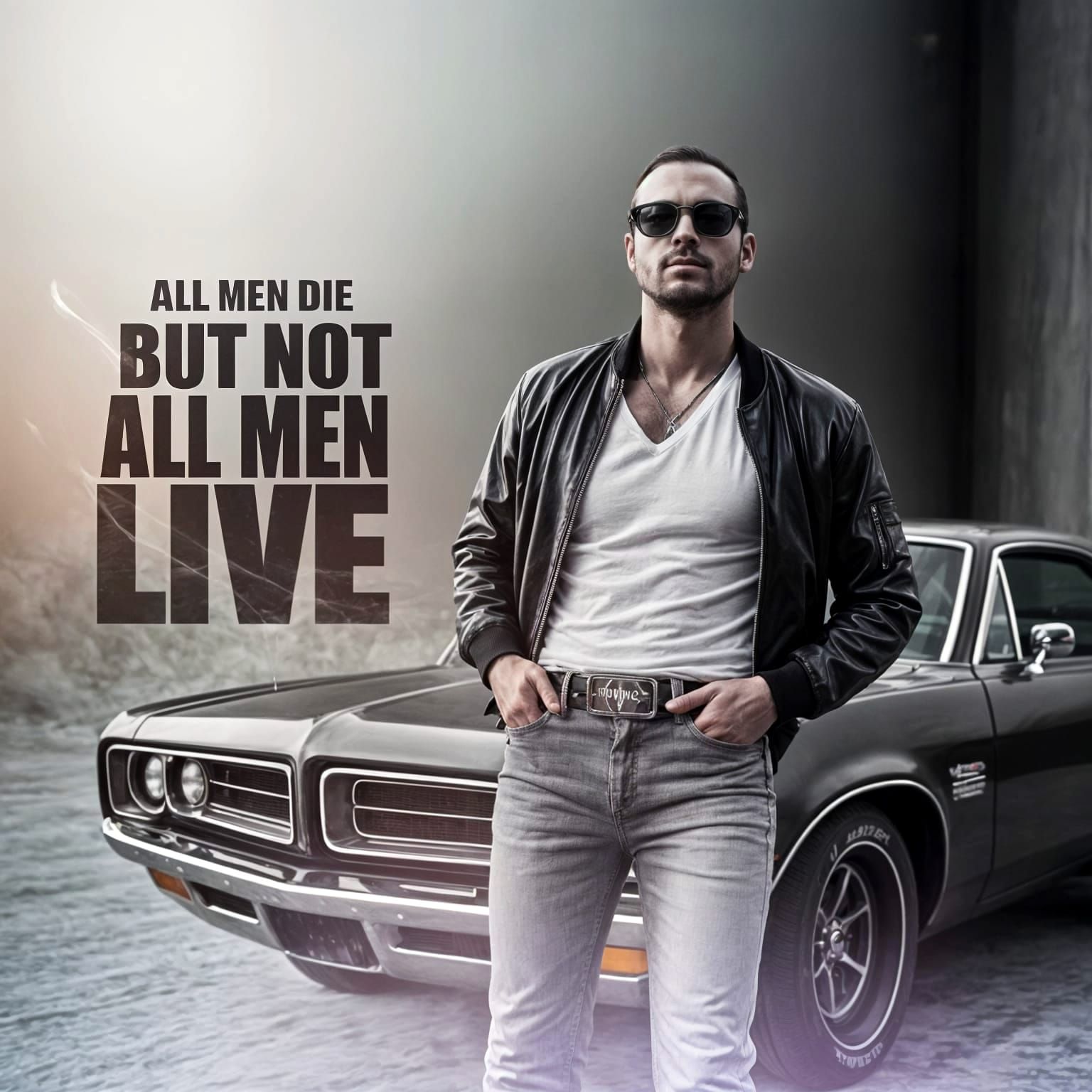 Gritty Photo of Man Leaning on 1970 Dodge Challenger