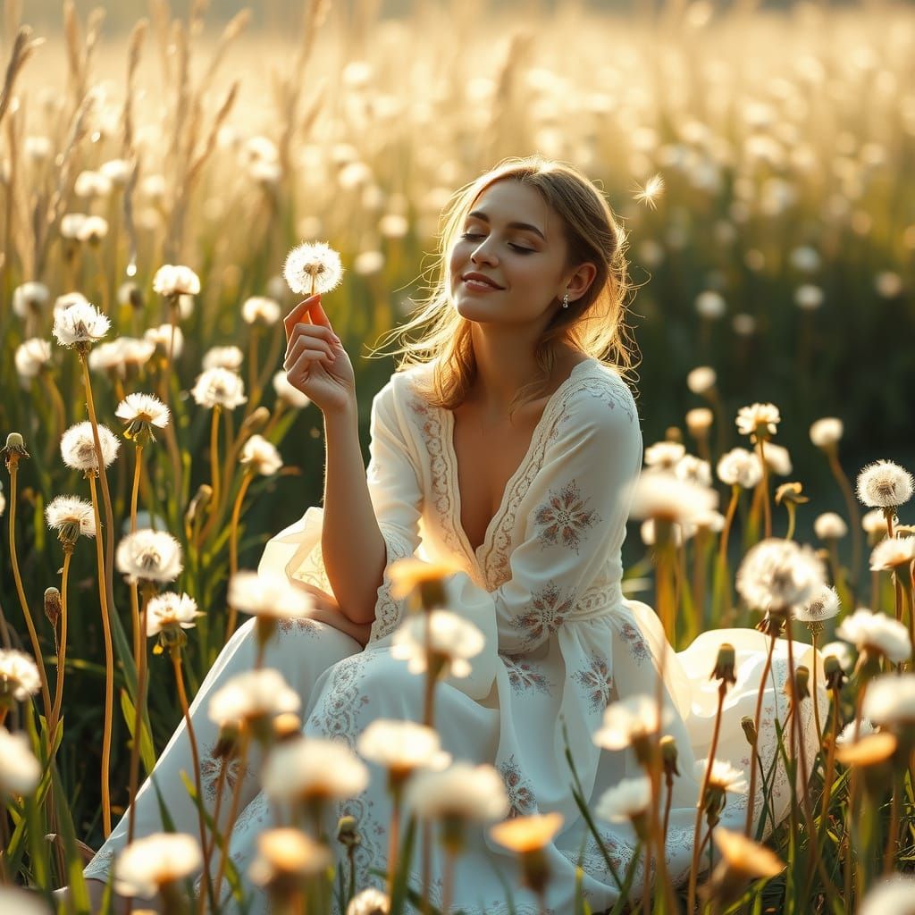Woman Blowing Dandelion Seeds in Impressionist Style
