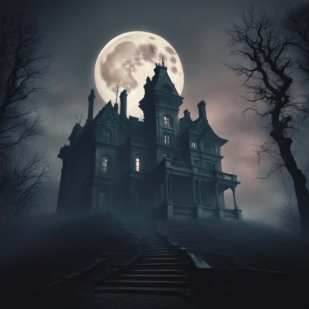 Gothic Horror Mansion with Shadowy Figures