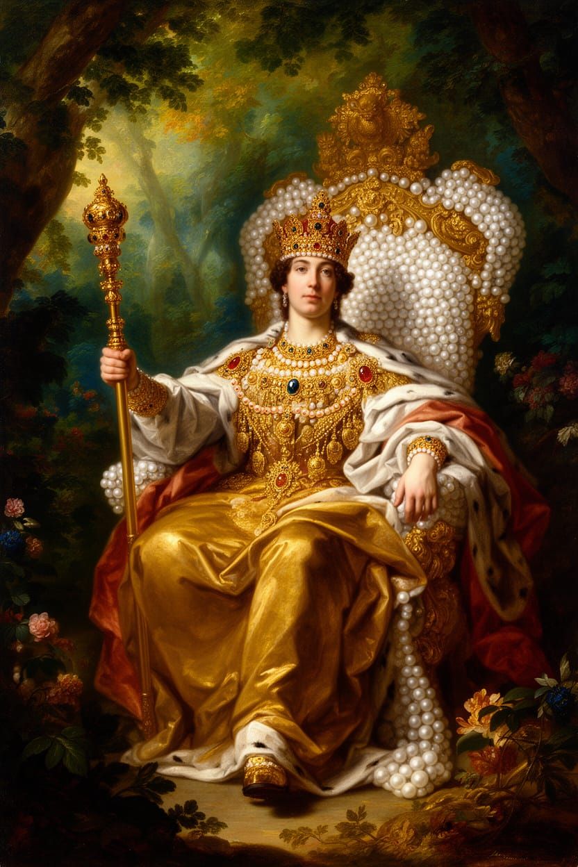 Regal Figure on Pearl Throne in Ethereal Forest