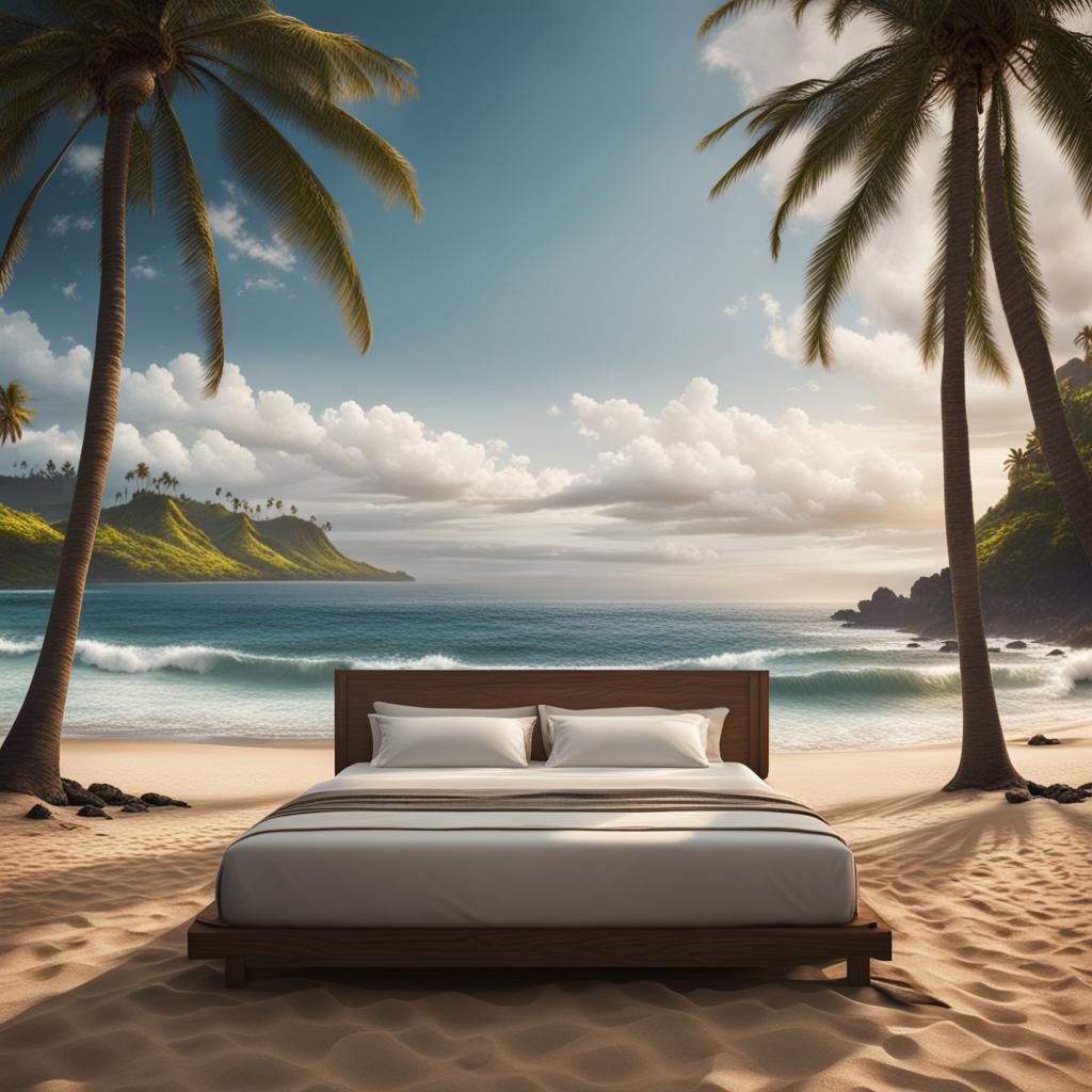 Hawaiian Ocean View Bed Under Palm Trees