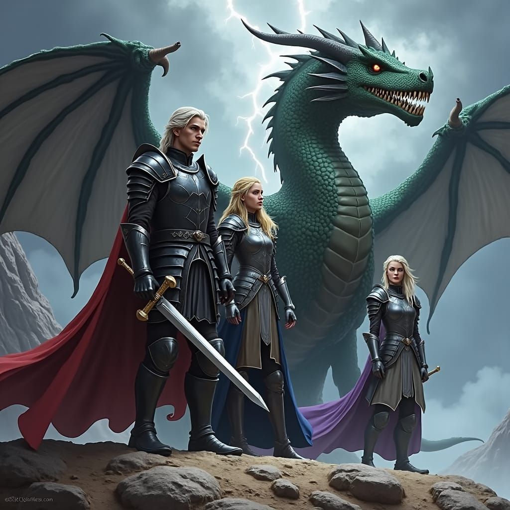 Targaryen Siblings with Dragons in Stormy Fantasy Scene