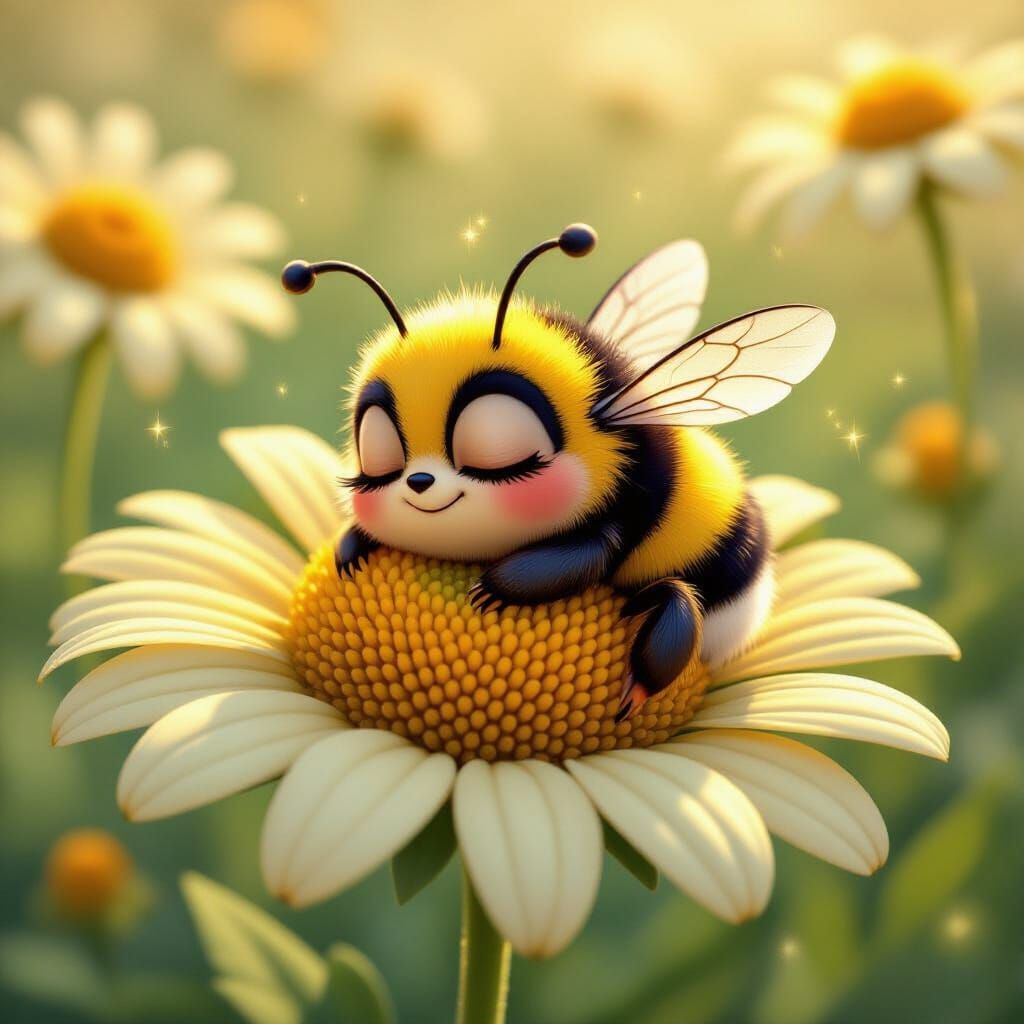 Bumblebee Sleeping Peacefully in Daisy, Animated Style