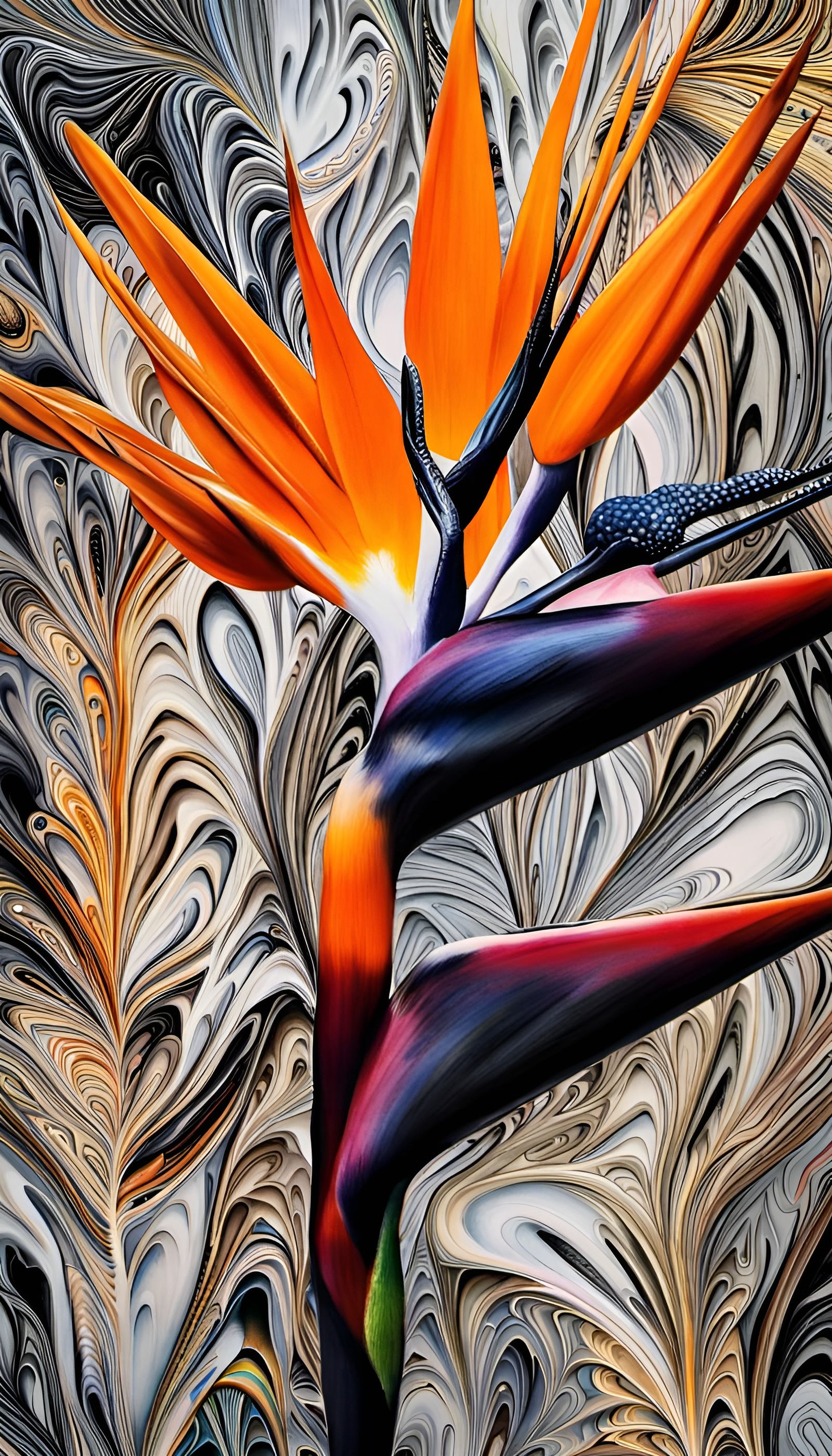 Detailed Black Strelitzia with Marbling Effect