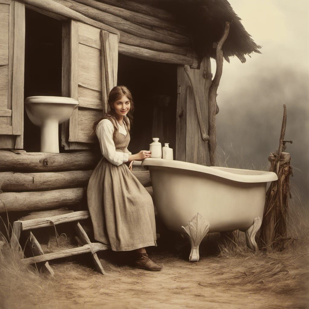 Peasant Girl on Toilet: Vintage Polaroid Portrait