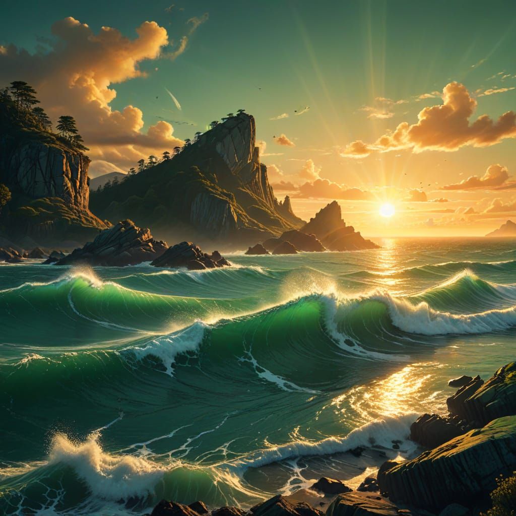 Emerald Green Sea Sunset in Comic Book Style