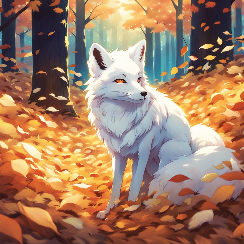 Anime Fox in Autumn Leaves, Manga Style