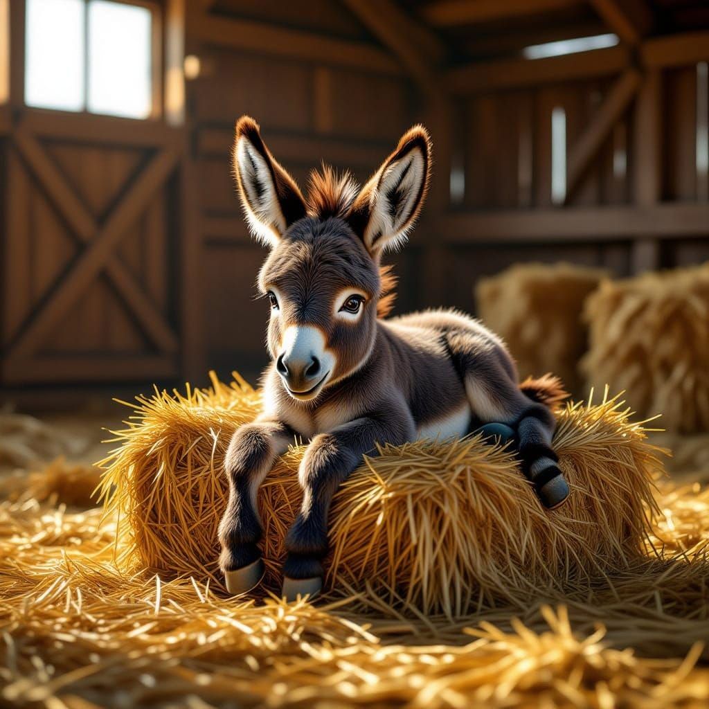 Baby Donkey Rests in Hay Barn Concept Art