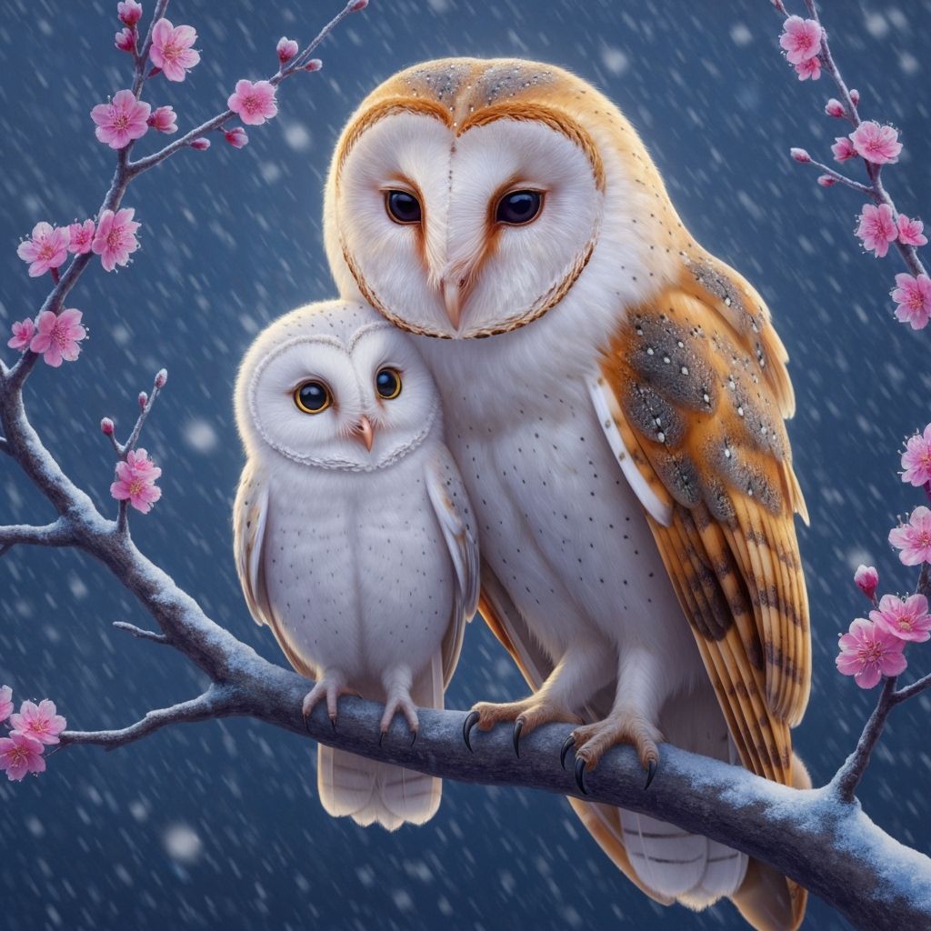 Grumpy Barn Owl With Adorable Owlet On Cherry Blossom Branch