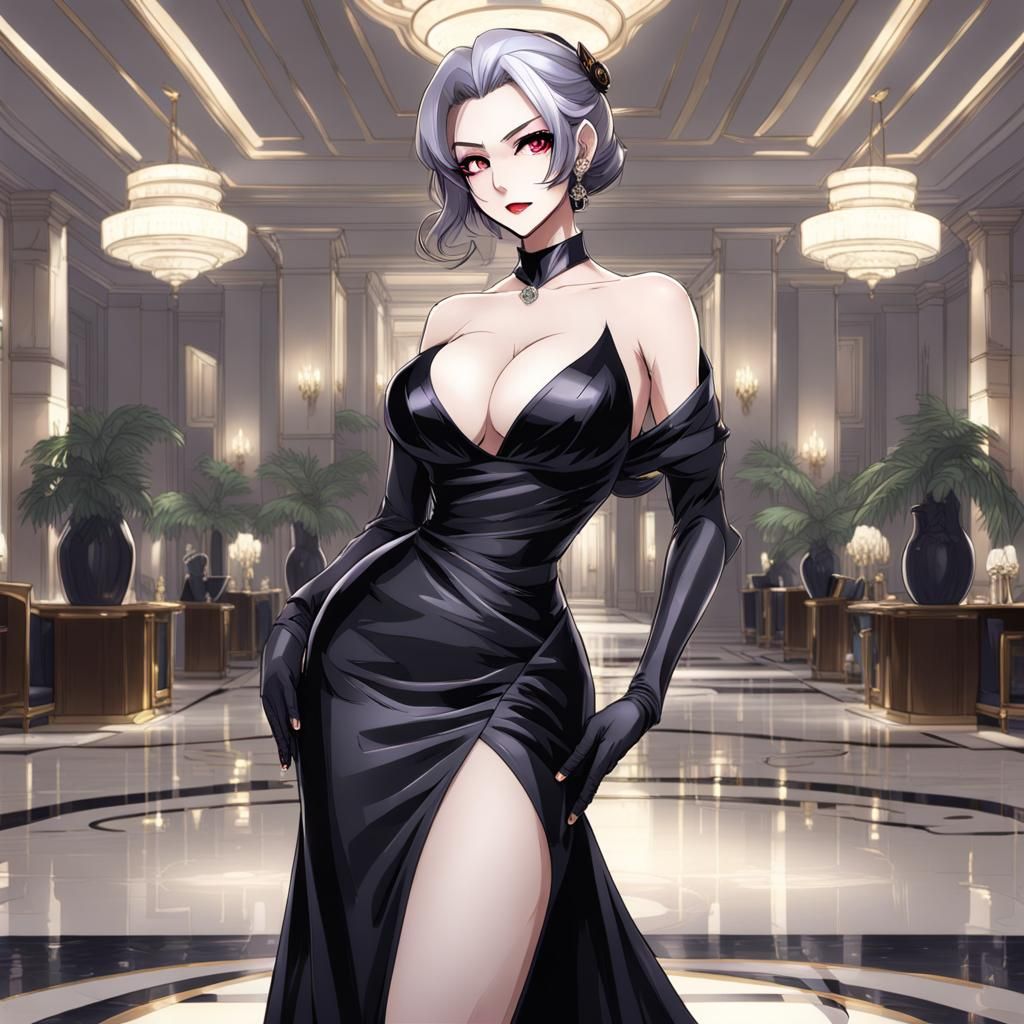 Anime Goddess in Black Dress in Luxury Hotel