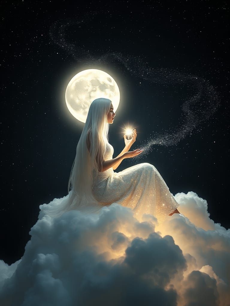 Luminous Moon Goddess in Starry Night Sky