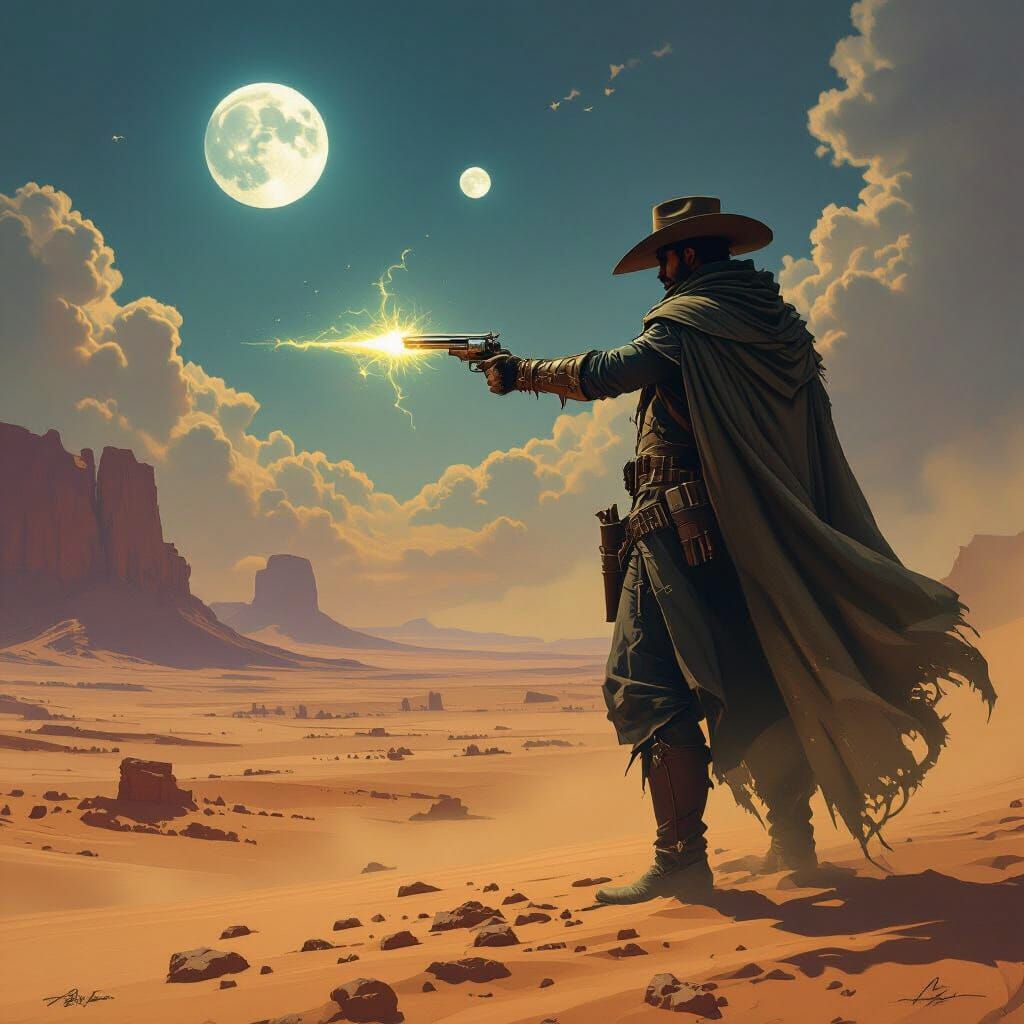 Lone Gunslinger in Alien Desert Under Two Moons