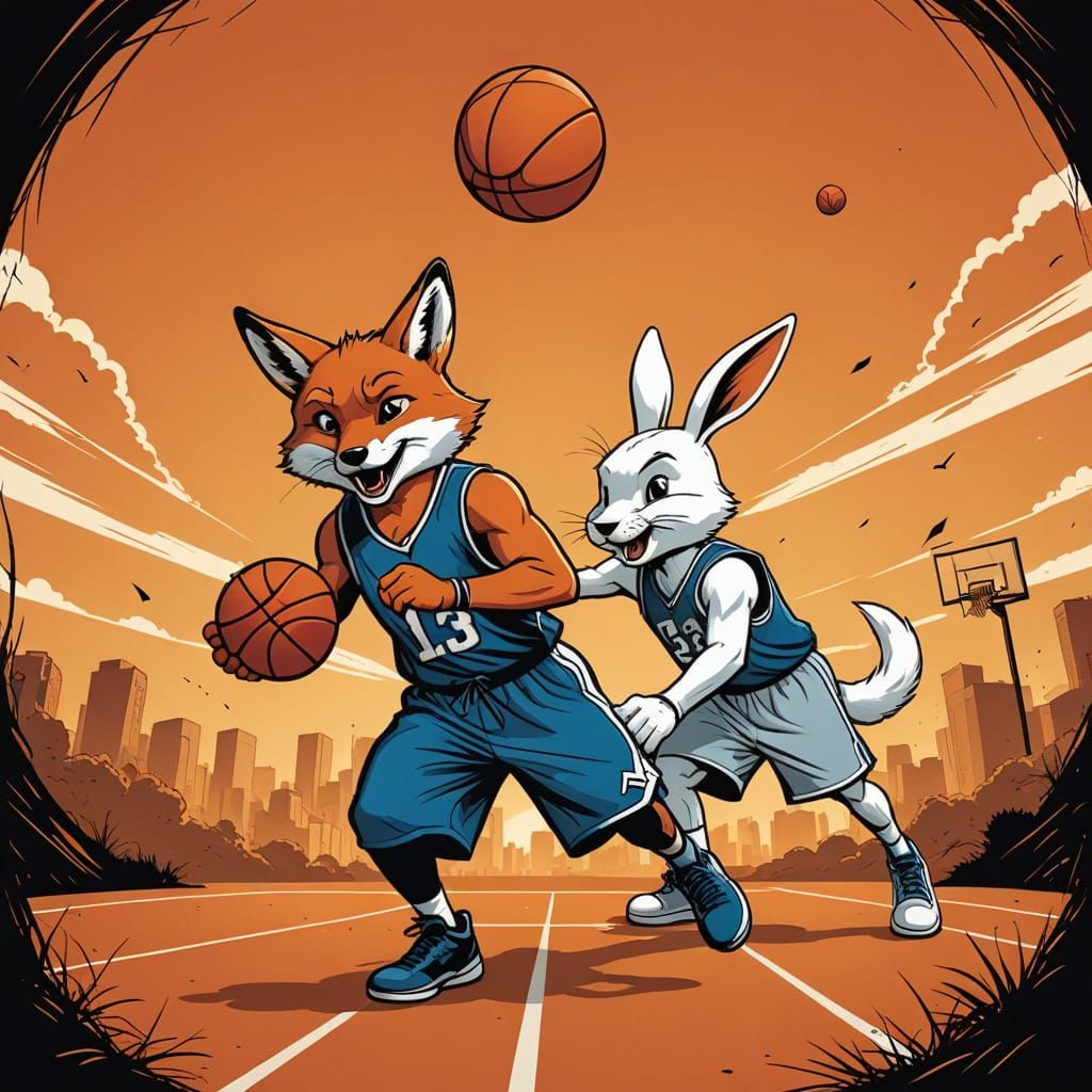 Fox and Rabbit Play Basketball in Comic Style