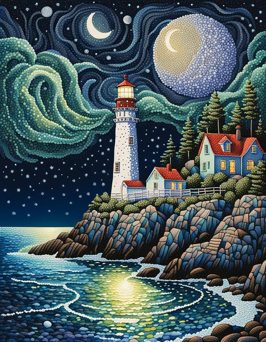 Lighthouse at Night in Pointillism Zentangle Style