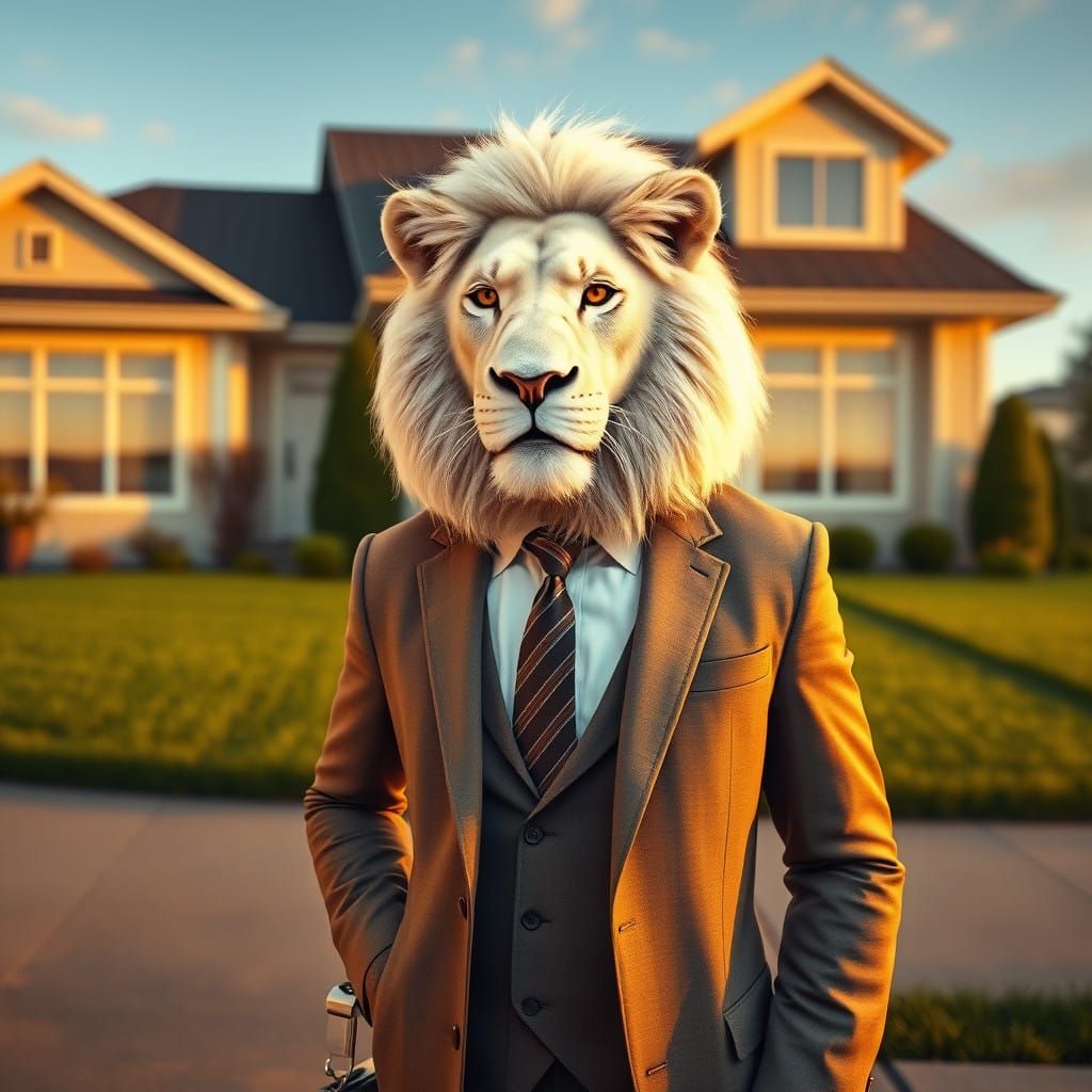 Humanoid White Lion Commutes to Office in Morning Light