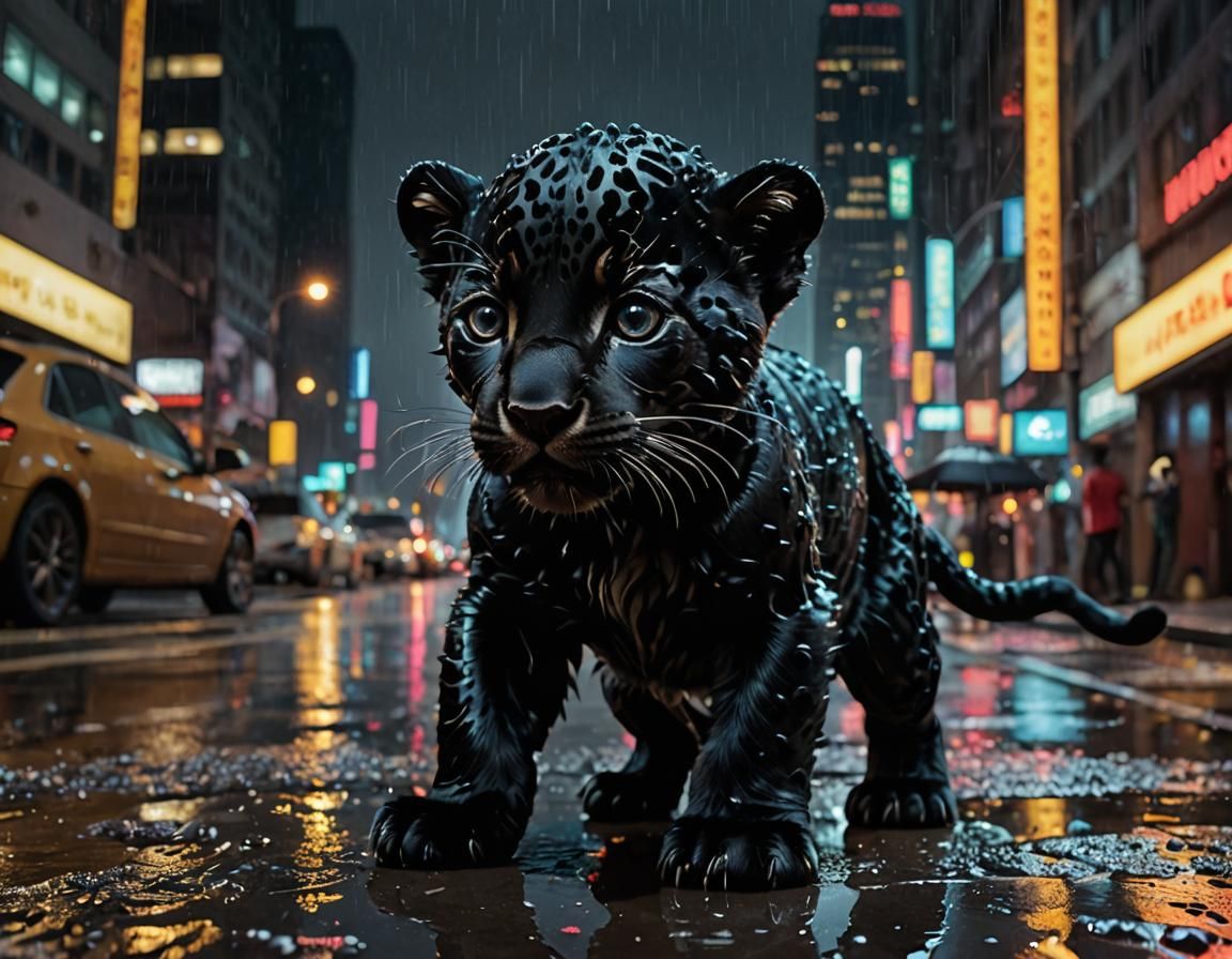 Cyberpunk Jaguar Cub in Dystopian Cityscape