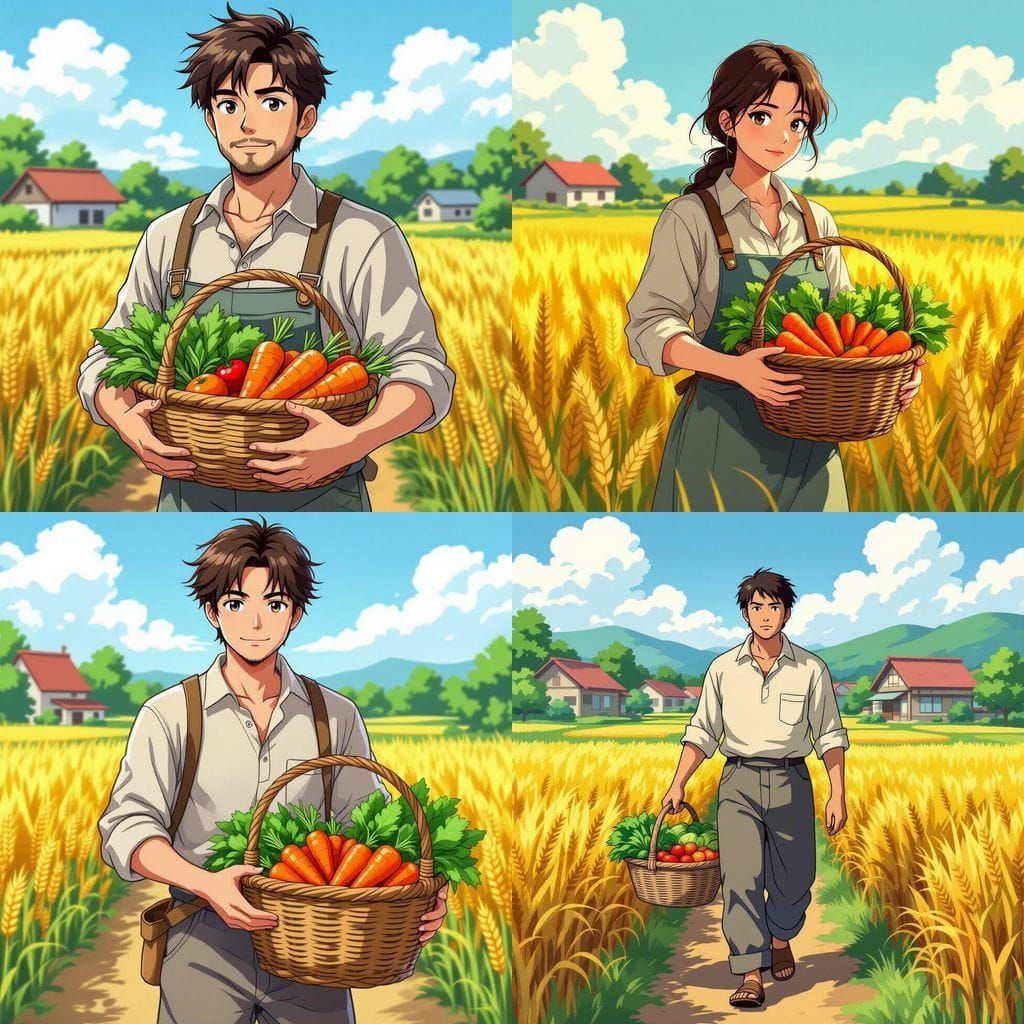 Anime Farmer with Vegetable Basket in Stylized Village